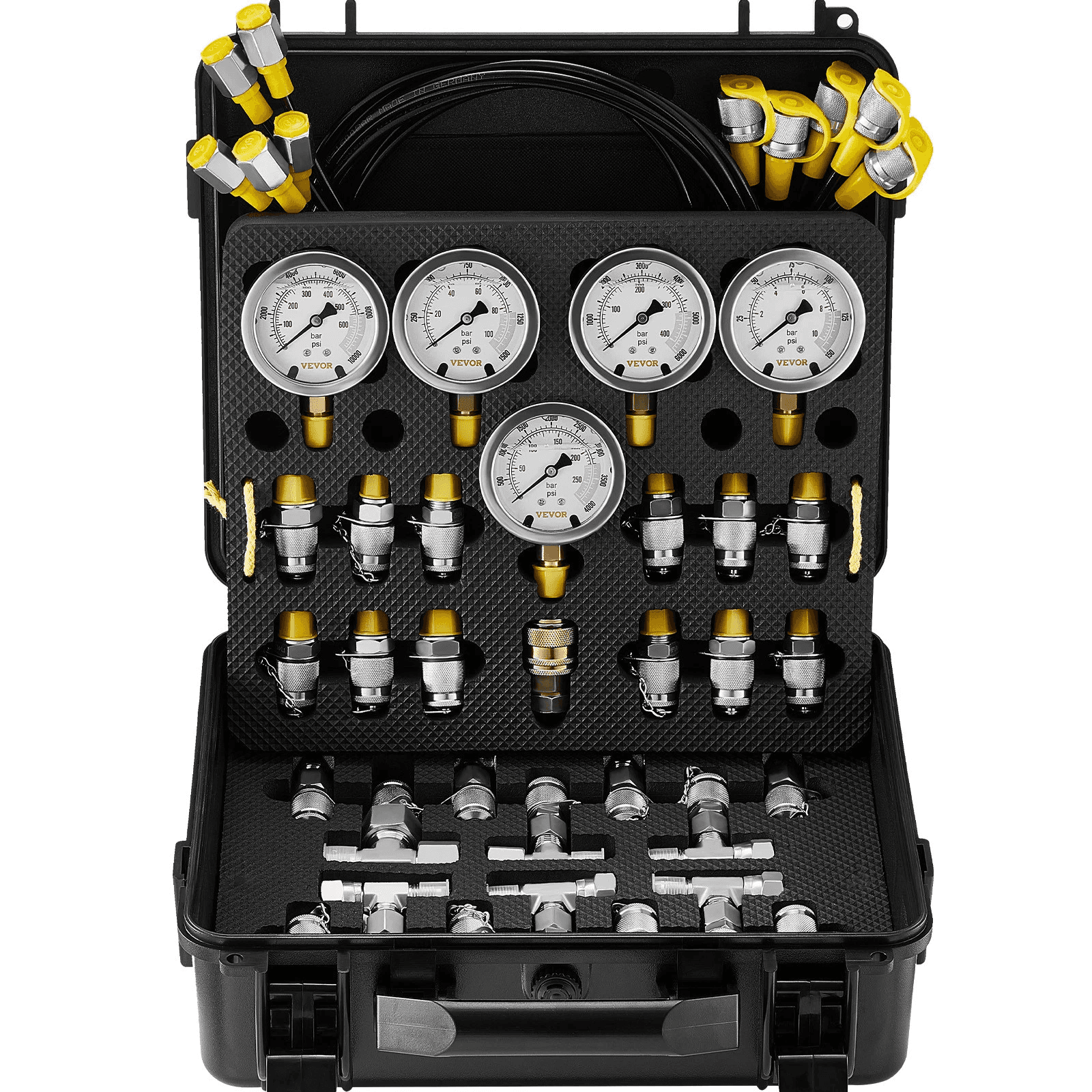 Kit di prova idraulica con 3 manometri, 9 nippli di prova, 3 tubi flessibili di prova, 5 manometri (10/100/250/400/600 bar), 60 MPa, 13 nippli di prova, 14 connettori a T, 5 tubi flessibili di prova, in una robusta borsa portatile per escavatori e u