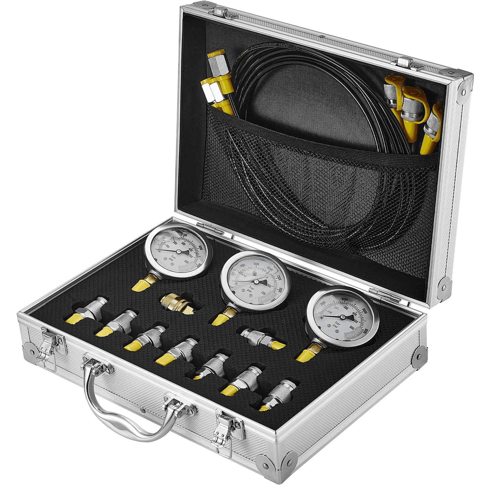 Kit di prova idraulica con 3 manometri, 9 nippli di prova, 3 tubi flessibili di prova, 5 manometri (10/100/250/400/600 bar), 60 MPa, 13 nippli di prova, 14 connettori a T, 5 tubi flessibili di prova, in una robusta borsa portatile per escavatori e u